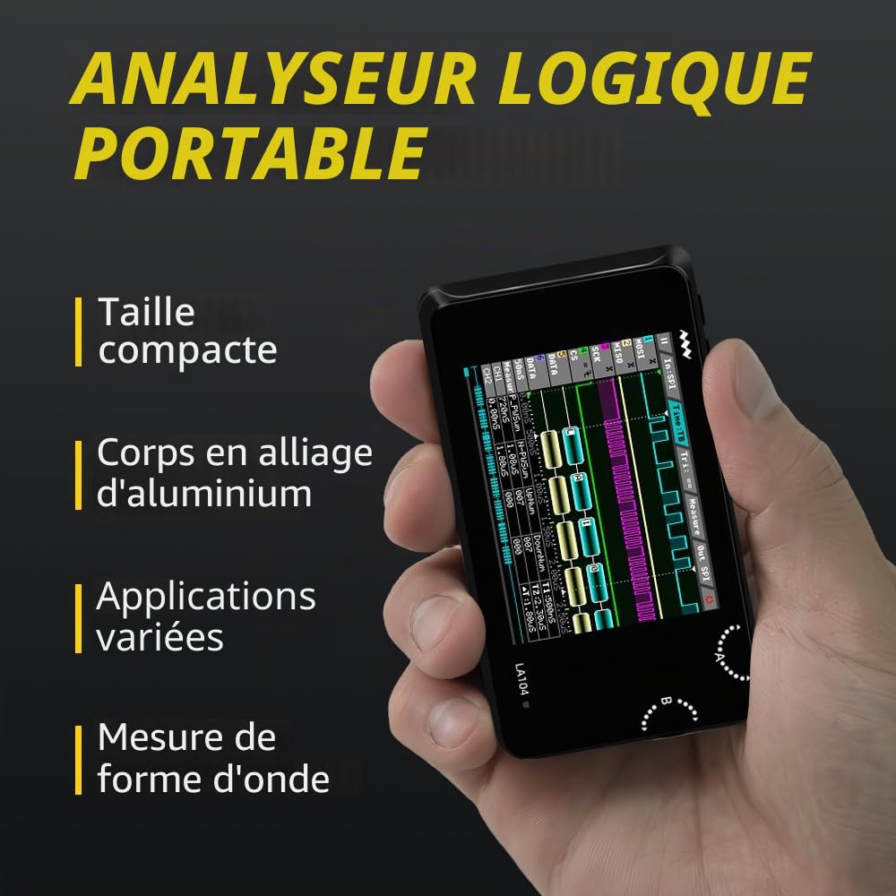 MINIWARE Analyseur Logique de Poche LA104, Mini Taille Portable, Batterie Rechargeable Intégrée, 4 Canaux, Taux d'échantillonnage Max 100Msa/s, Protocole SPI/I2C/UART, Niveau d'Entrée pour Débutant