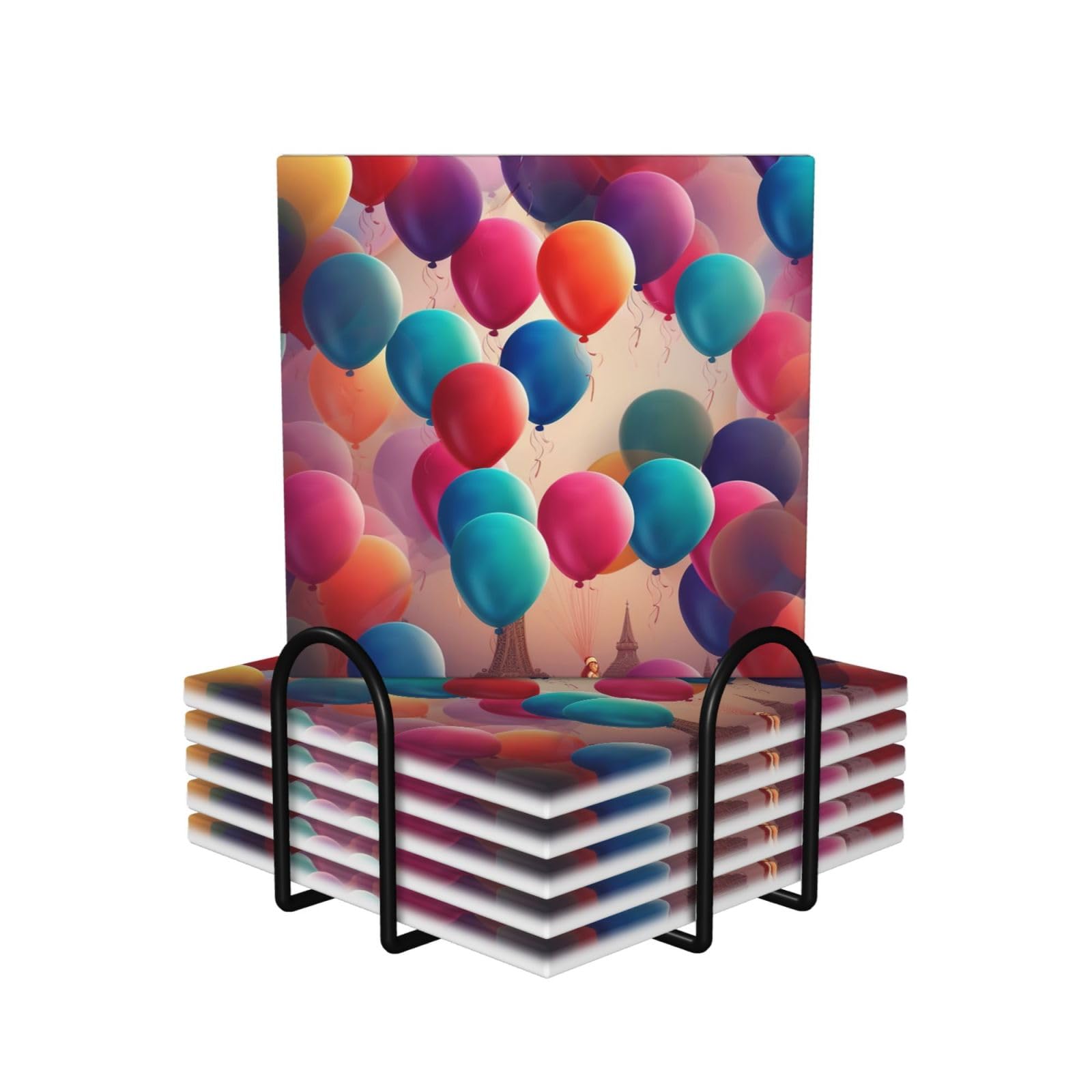 6Pcs Ceramics Coaster for Drinks, Balloon Cup Coasters with Holder, Aesthetic Drink Coasters for Coffee Table, Absorbent Round Coaster for Tabletop Protection 4" Cup Mat Pad