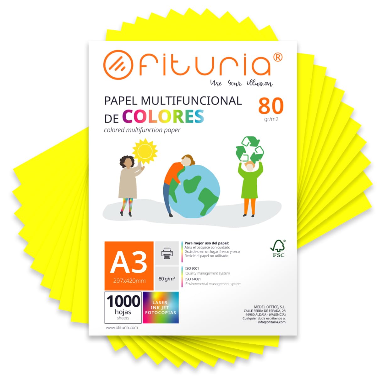 Coloured Sheets, Pack 1000 Sheets A3 80 g โ Coloured Paper for Crafts, Printer, Scrapbooking โ Folios Colours โ Ideal Origami, Papiroflexia, Office and School (Fluorescent Yellow, 1000h)