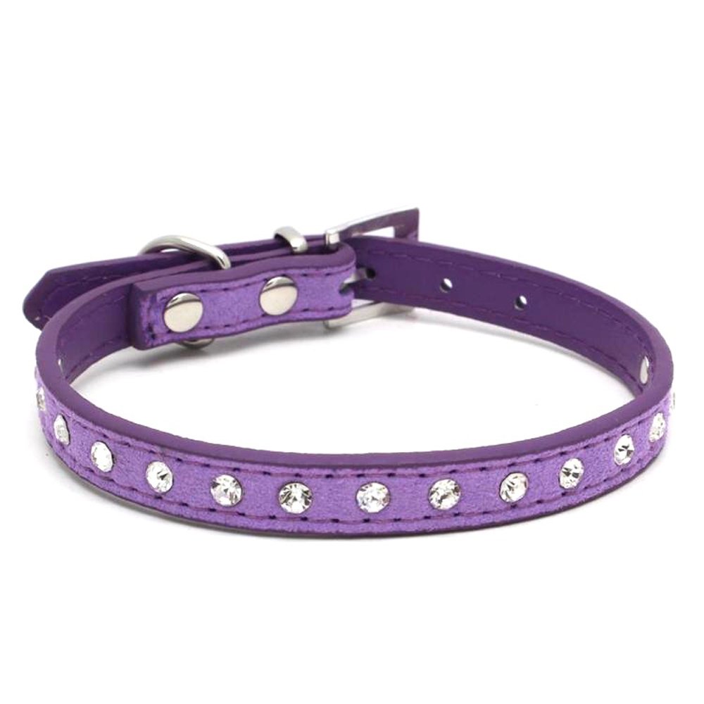 Dogs Kingdom 10"-16.5" Total Length Suede Skin Jeweled Rhinestones Pet Dog Collar Sparkly Crystal Diamonds Studded Leather Puppy Dog Cat Collar Purple XXS