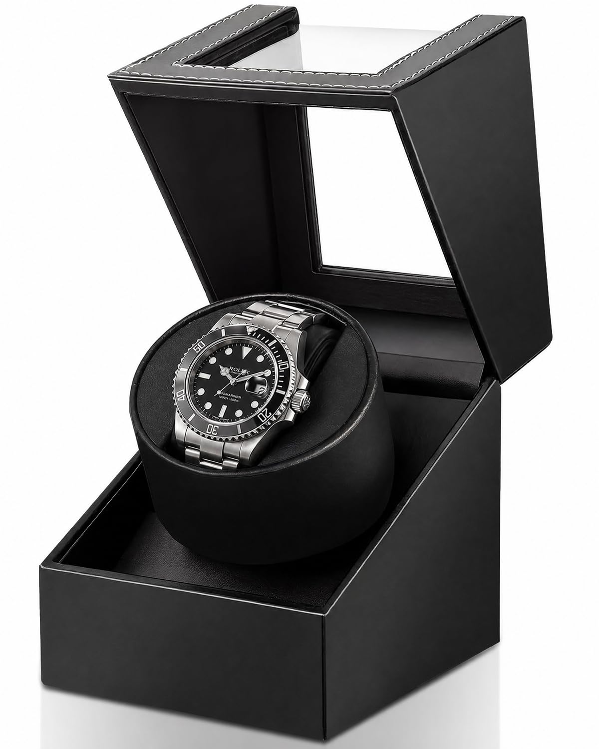 UnaMela Enrollador de relojes automáticos: caja automática de un solo reloj, caja giratoria de piel sintética negra, rotador de reloj con motor silencioso japonés, funciona con pilas o adaptador de