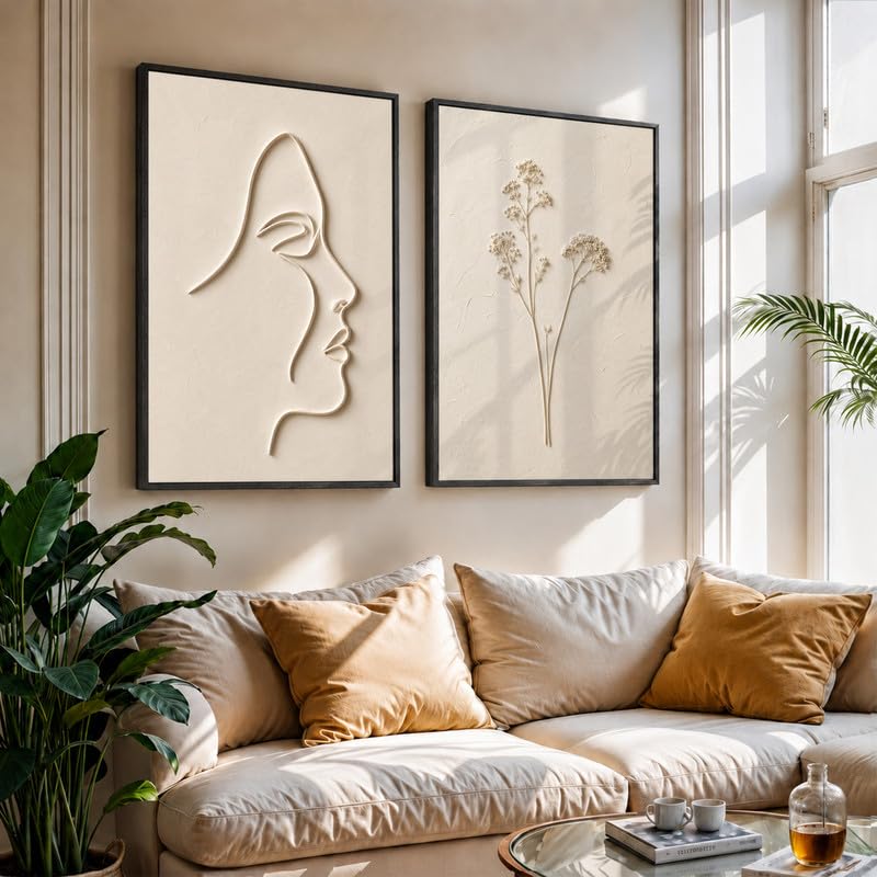 Image of NoWorries Minimal Line Art Wall Painting Set of 2 with Frame | Abstract Woman Face & Botanical Flower Beige Artwork, Modern Neutral Wall Decor for Living Room, Bedroom, Office and Home Decoration (Art-18, 17x25inch)