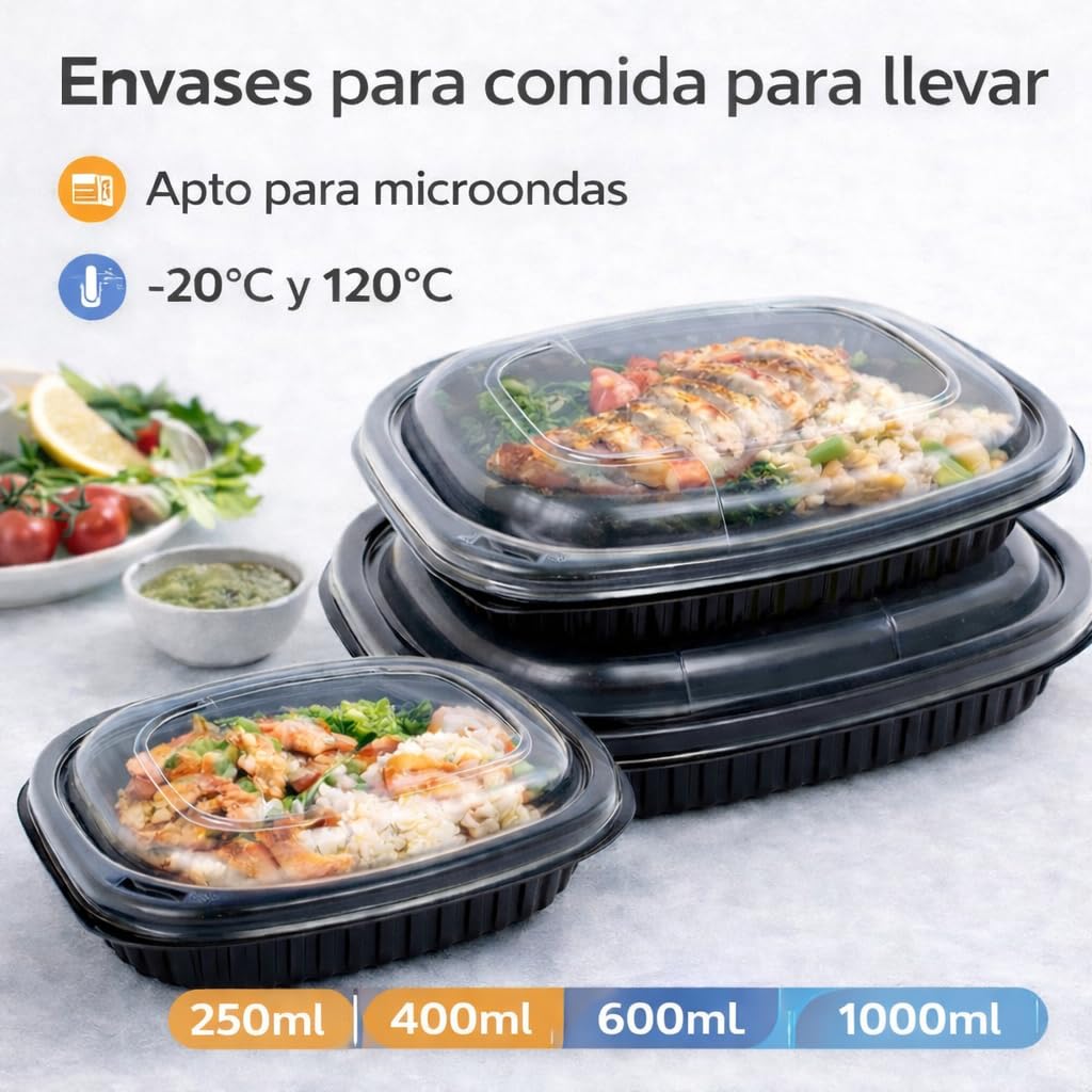 Envase Desechable para Comida con Tapa, Apto para Microondas, Take Away, Hostelería, Resistente -20 a 120 Grados, restauración, comida para llevar (40, 400.0, Mililitros)