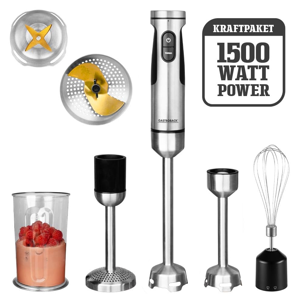 GASTROBACK Frullatore a immersione in acciaio inox, 1500 W, asta per purea con 2 accessori per miscelare, pestello, frusta, 20 livelli e turbo con rivestimento in titanio a 4 coltelli, lavabile in