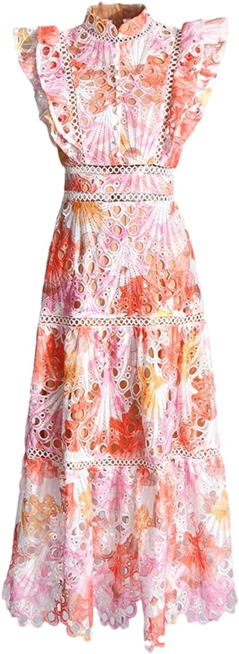 Women's Floral Short Sleeve Hollow Dress Stand Collar High Waist Zipper Mini Dress