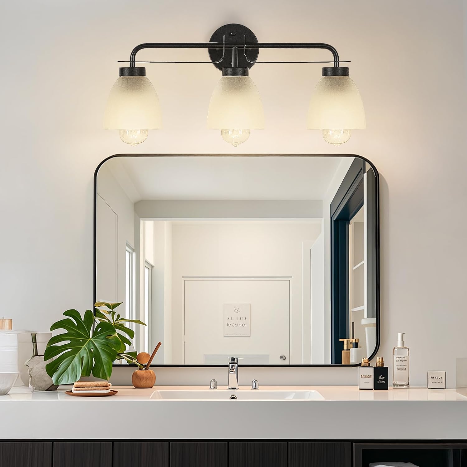 3-Light Black Bathroom Light Fixture,21 Inch Mid-Century Modern Vanity Lights for Bathroom with Frosted White Bell Shades, Industrial Wall Sconce for Mirror Over Vanity, Bedroom, Hallway