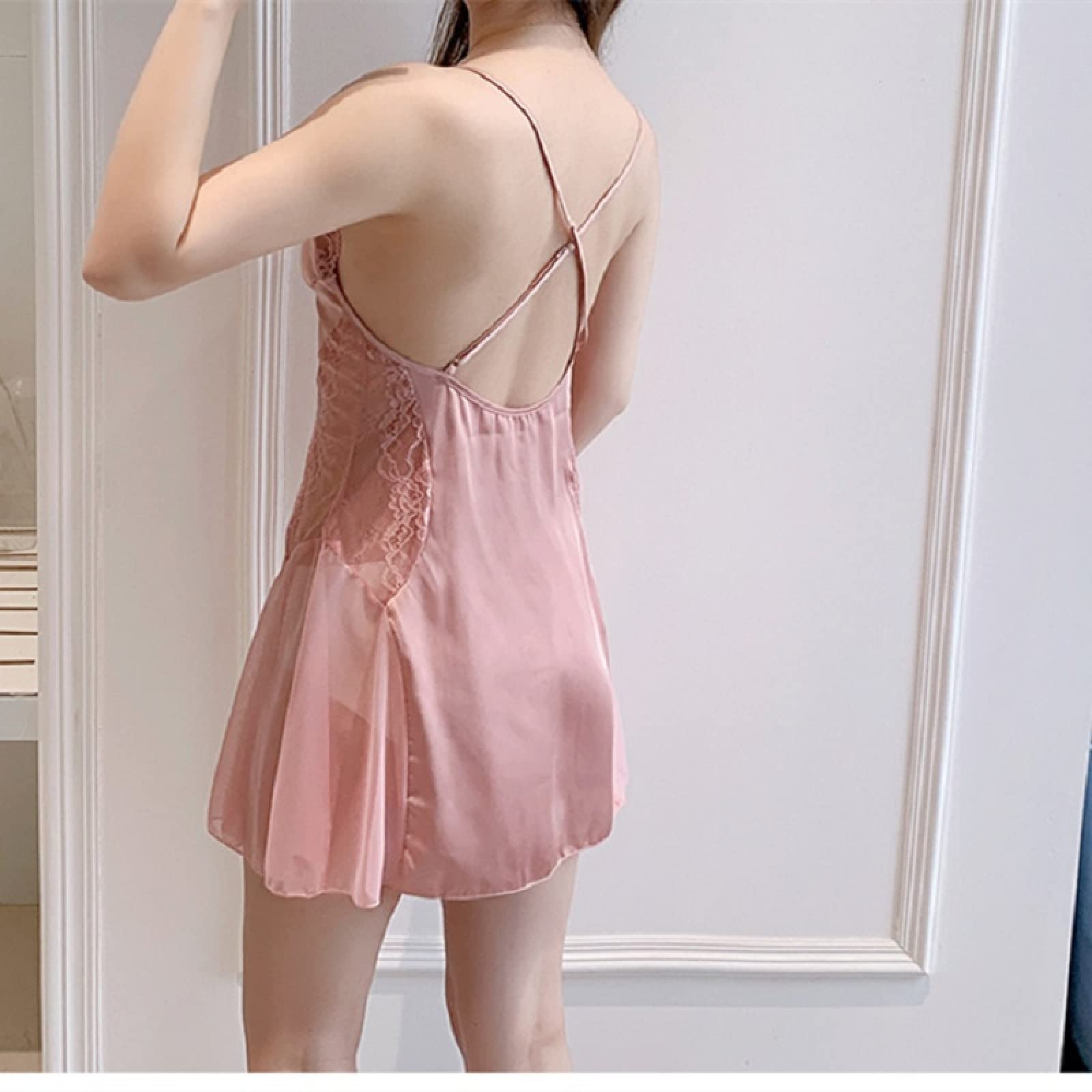 YAROVA Damen Nachthemden - Sommer Satin Spitze Ärmelloses Transparentes Nachthemd Sexy Gepolsterte Brust Kreuzgurte Kurze Nachthemden Mode Dessous Loungewear