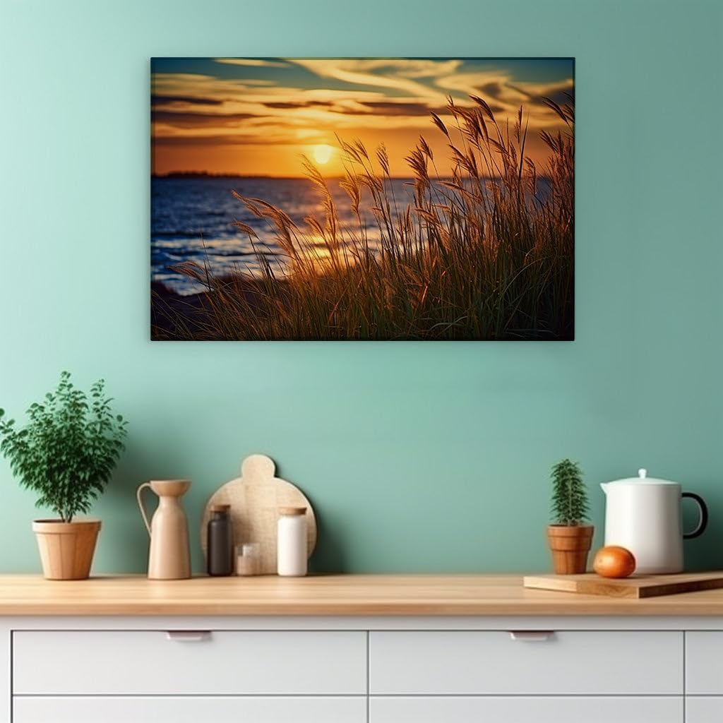 Canvas for Living room. Serenade of the Setting Sun: A Tapestry of Twilight Hues and Whispering Grasses, 27 x 18 inch Canvas Wall Art - Contemporary Masterpieces - Modern Home Decor
