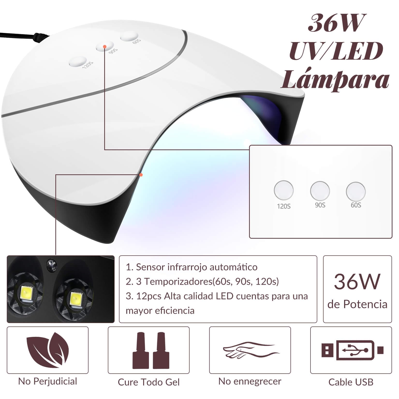 Phoenixy Kit Uñas Semipermanentes, 12 Colores 7ml, Kit Completo con 36W U V/LED Lampara Uñas Semipermanentes, Esmalte Semipermanente con Base y Top Coat