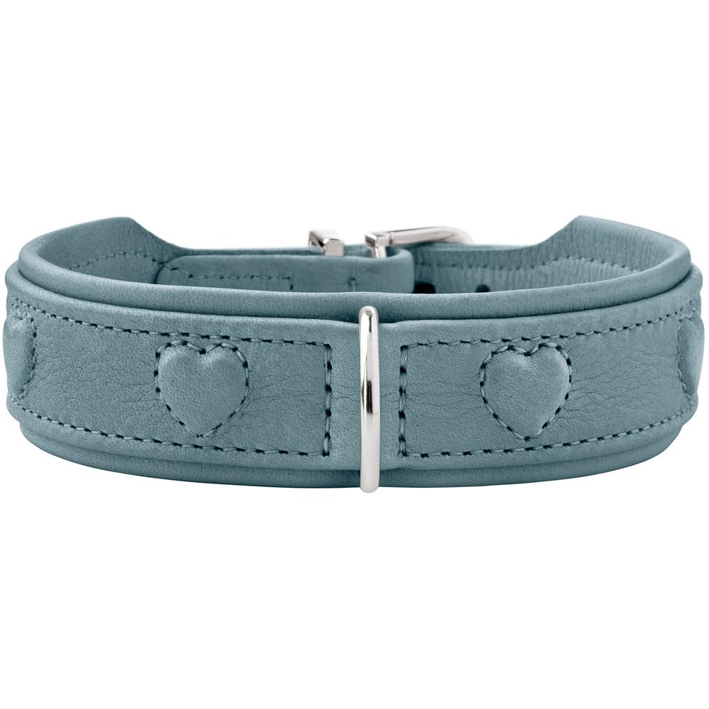 HUNTER SOHO X Love Dog Collar, Colour: Light Blue, Cowhide Leather, Soft & Supple, Padded and Fur Friendly, Sewn-in Hearts