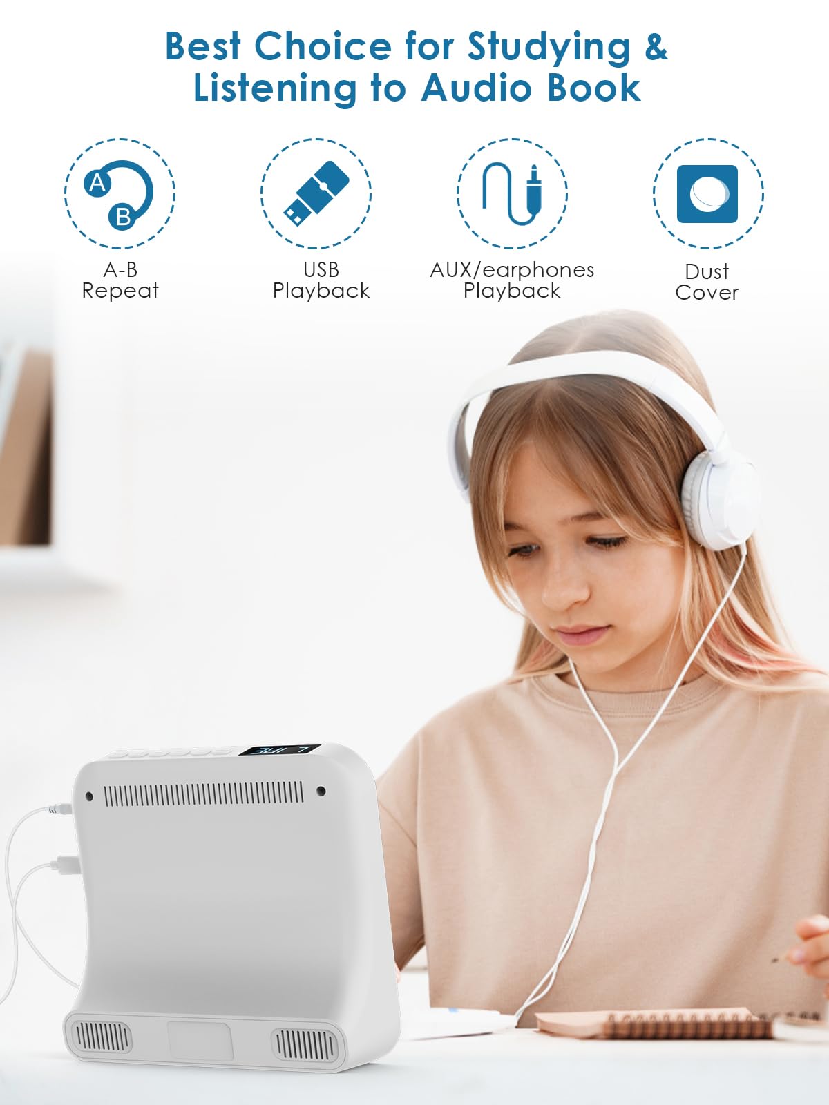 Gueray CD Player Bluetooth CD-Player mit Lautsprecher Unterstützt Fernbedienung Anzeige FM Radio mit CD Players USB- Kartenwiedergabe 3,5 mm AUX Wecker Kopfhöreranschluss Staubschutzhülle