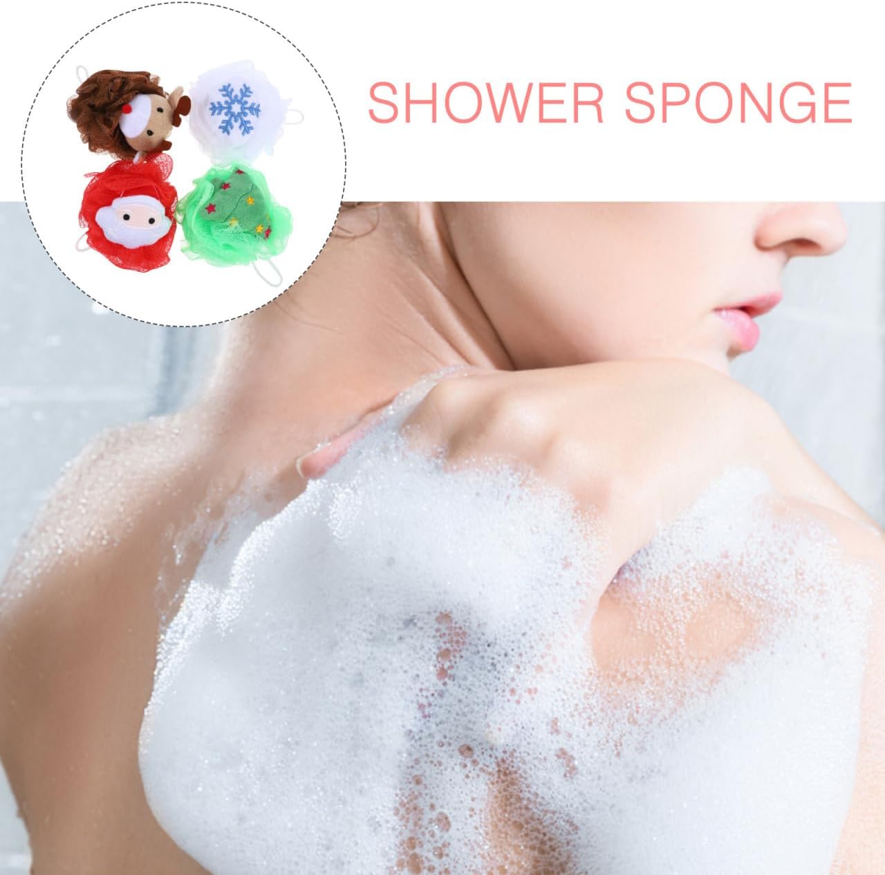 POPETPOP 4 Pcs Christmas Exfoliating Loofah Bath Balls, Creative Christmas Style Body Scrubber, Santa Claus Shower Sponge, Body Scrubber Exfoliator for Kids Women Gentle Cleansing