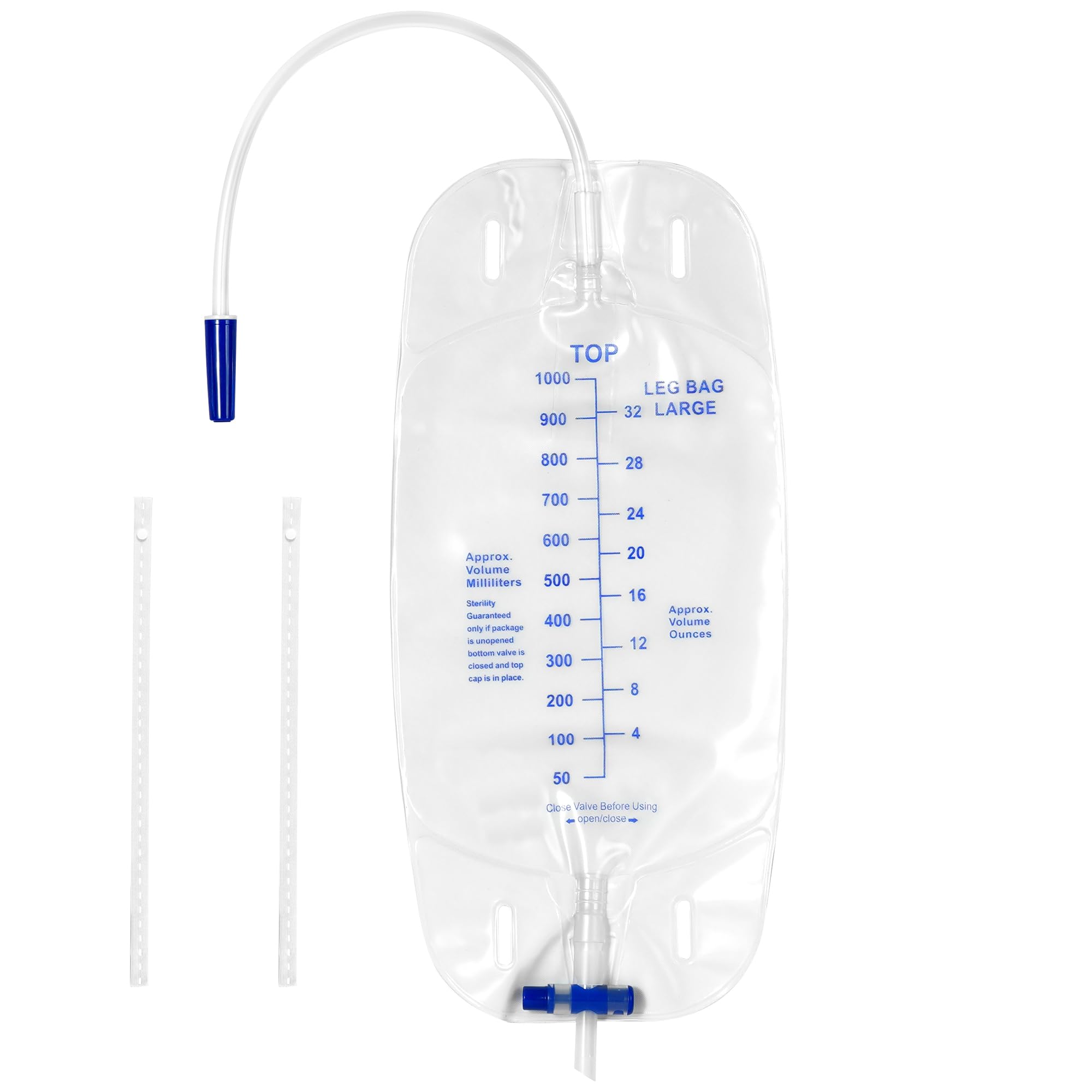 5 Pack Urinary Drainage Bag 1000ml/cc Catheter Leg Bag, Anti-Reflux Valve, Easy Flip Drain, Elastic Adjustable Cloth Straps, Individual Package
