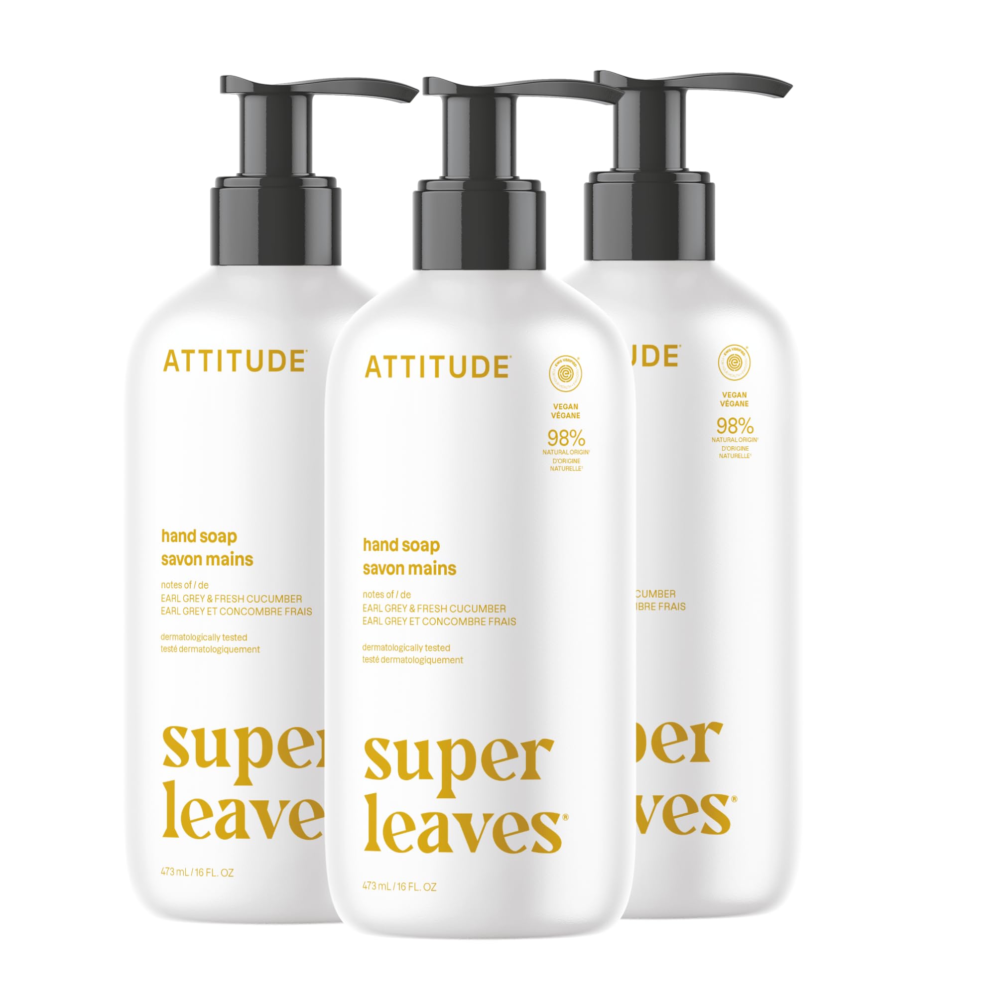 ATTITUDE Liquid Hand Soap, EWG Verified, Plant and Mineral-Based, Vegan Personal Care Products, Earl Grey & Fresh Cucumber, 16 Fl Oz (Pack of 3)