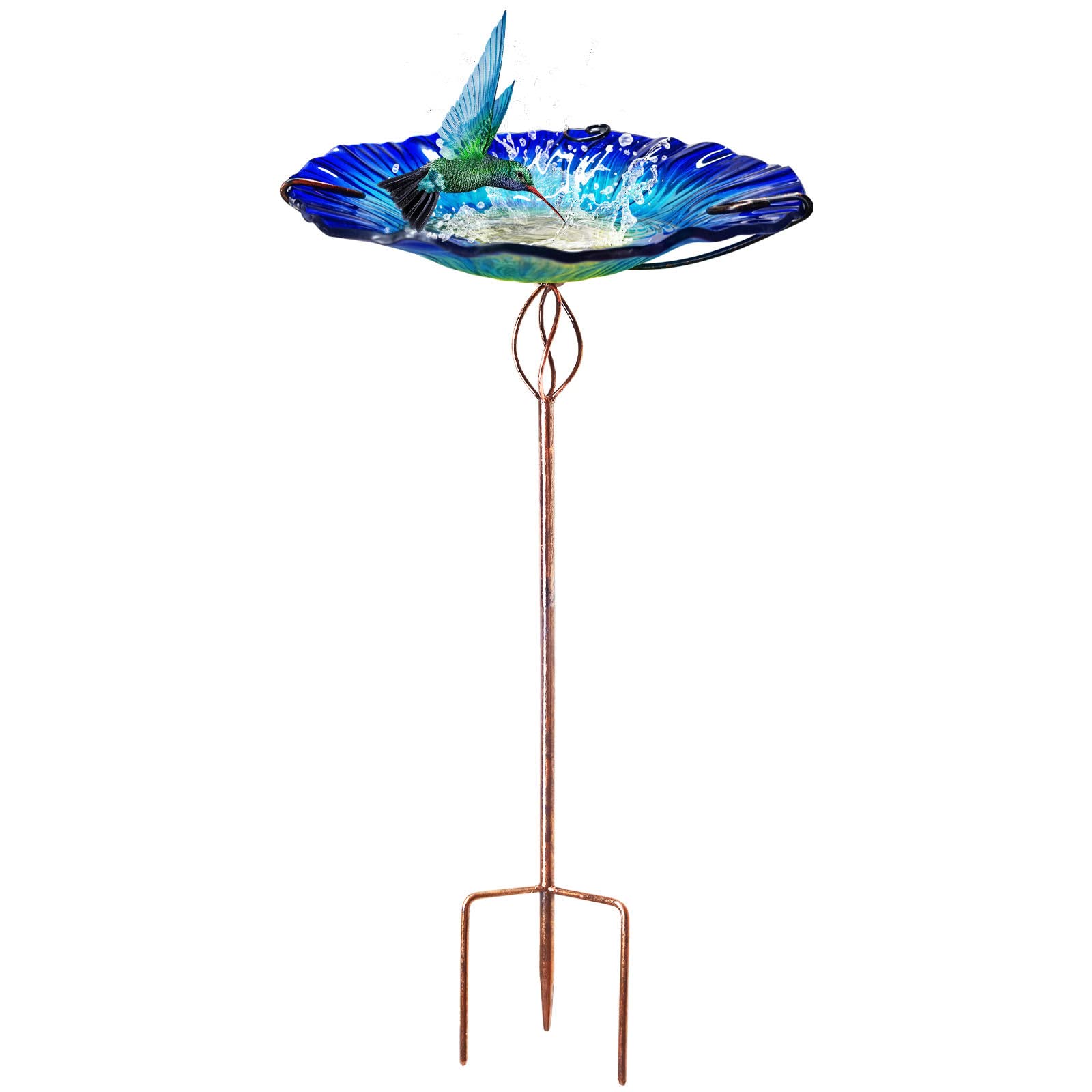 Glass Bird Baths for Outdoors, 26" Height Bird Bath Bowl birdbaths for The Garden with Metal Stake (Blue)
