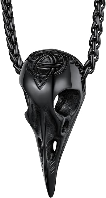 Richsteel Cool Bird Skull Pendant Necklace, Viking Raven Jewellery, Runes/Celtic Knot Style, Stainless Steel Silver/Gold/Black Adjustable Wheat Chain