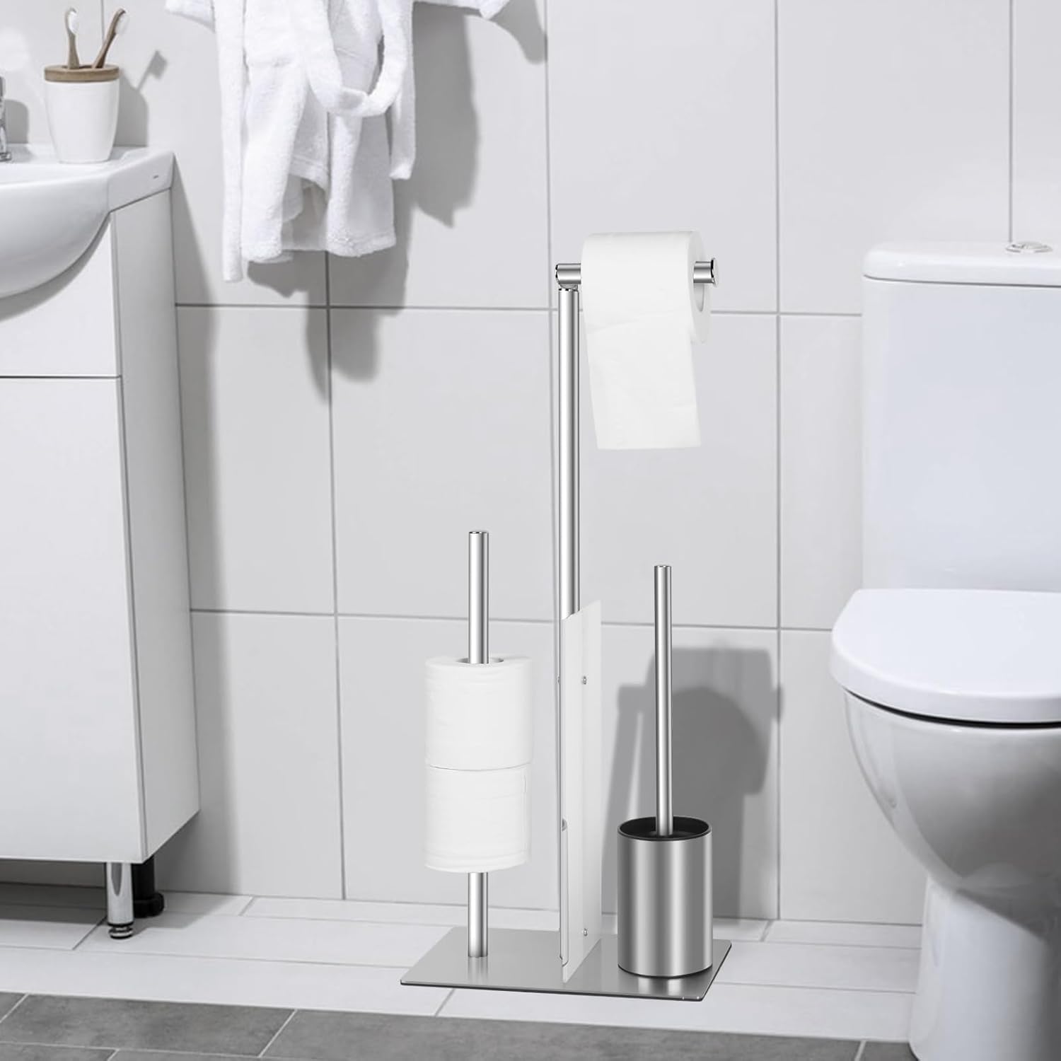 YUET Stojak na papier toaletowy, stojący ze szczotką do WC ze szczotką do WC, zestaw z wolnostojącym uchwytem na papier toaletowy i szczotką toaletową, uchwyt na papier toaletowy ze szklanym regałem