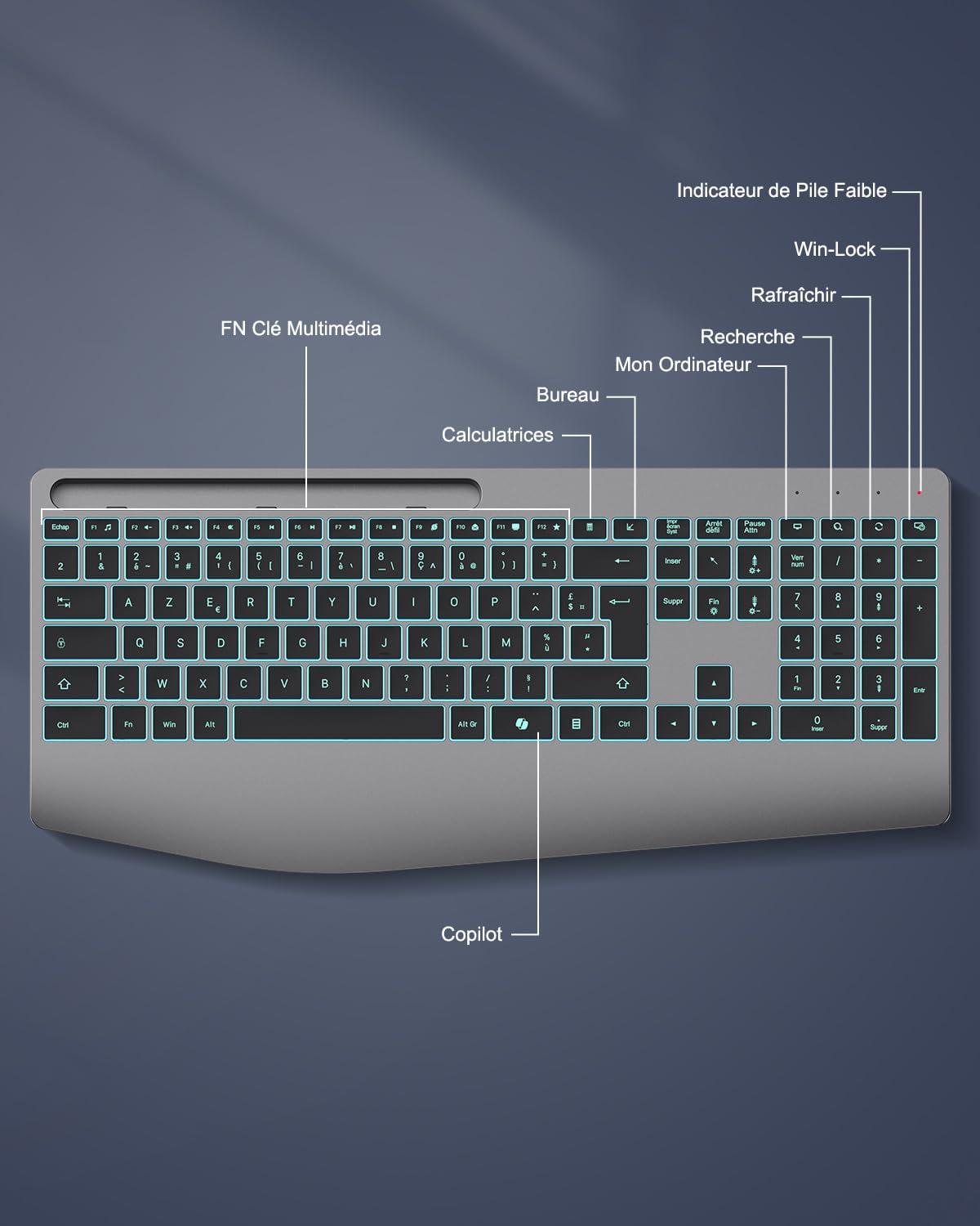 TECURS Teclado francés AZERTY inalámbrico ergonómico con reposamuñecas, 2,4 G inalámbrico Teclado silencioso Recargable, retroiluminado, Teclado para Ordenador para Windows
