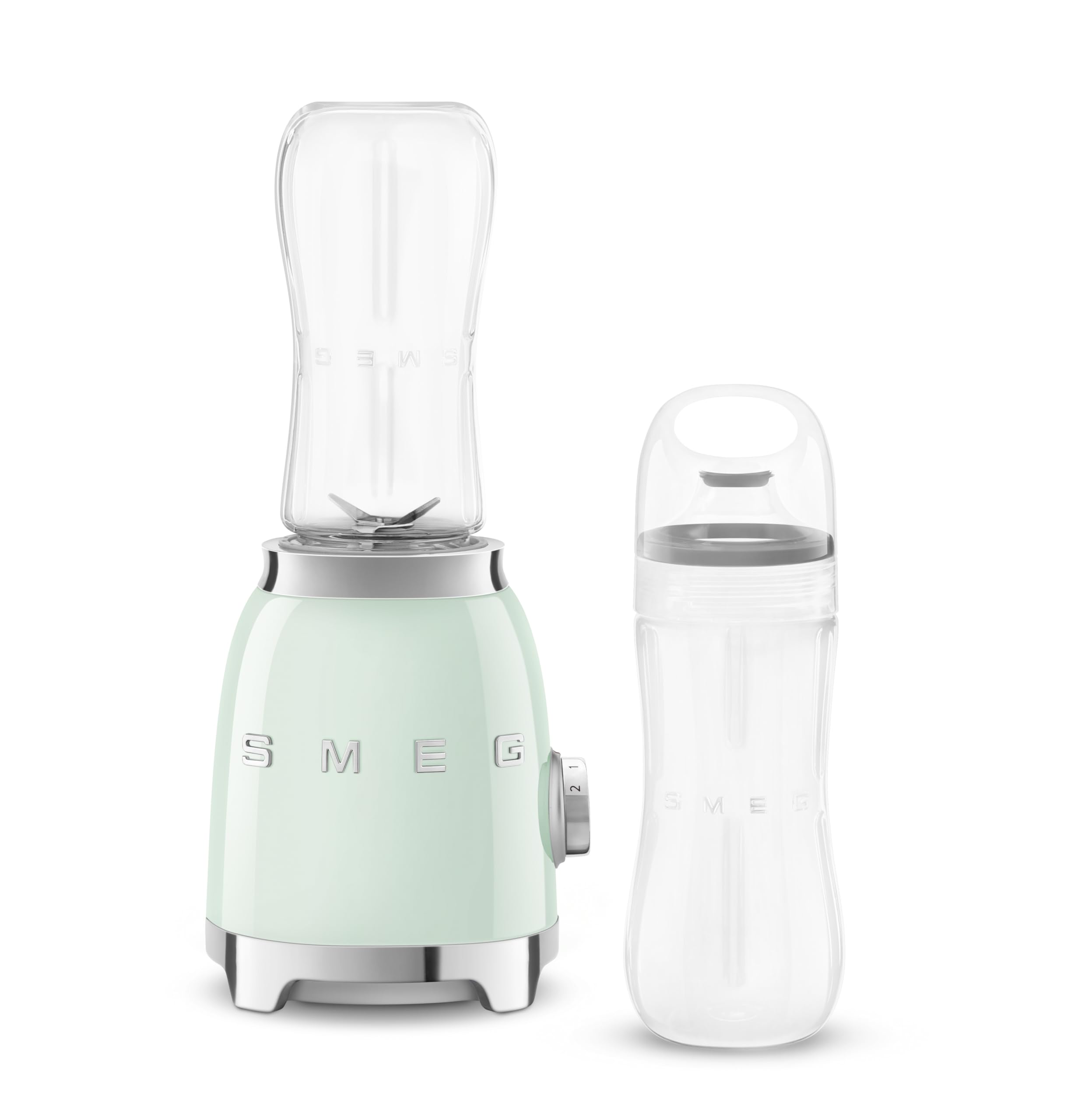 Smeg, Frullatore Compatto PBF01PGEU, 2 Livelli di Velocità, Sicurezza Blocco Motore, 2 Bottiglie da 600 ml in Dotazione, Base Antiscivolo, Avvolgicavo Integrato, 300W, Verde Pastello