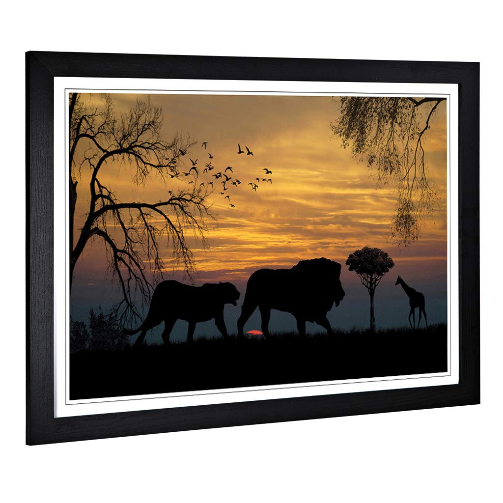 Big Box Art Framed Print of Lions and Giraffe Sunset Landscape Design | Wall Art Picture | Home Decor for Kitchen, Living Room, Bedroom, Hallway, Black, A2 / 24.5x18 Inch / 62x45cm