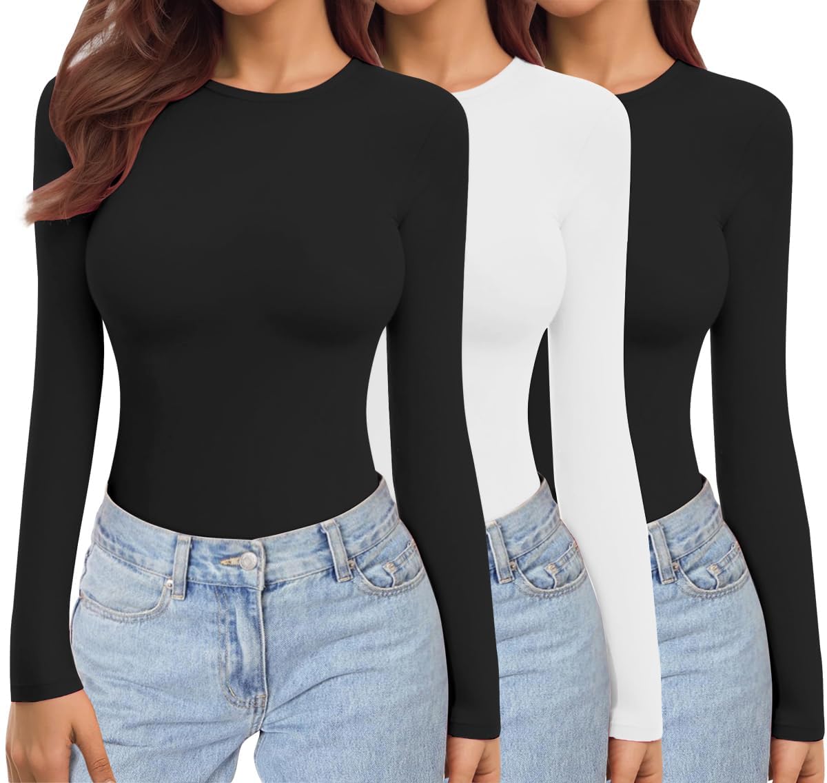 Ekouaer Donna Confezione da 3 Maglie a Maniche Lunghe Girocollo Camicie Termiche Set Elasticizzato Aderente Sottoscrubs Layer Tee XS-XXL
