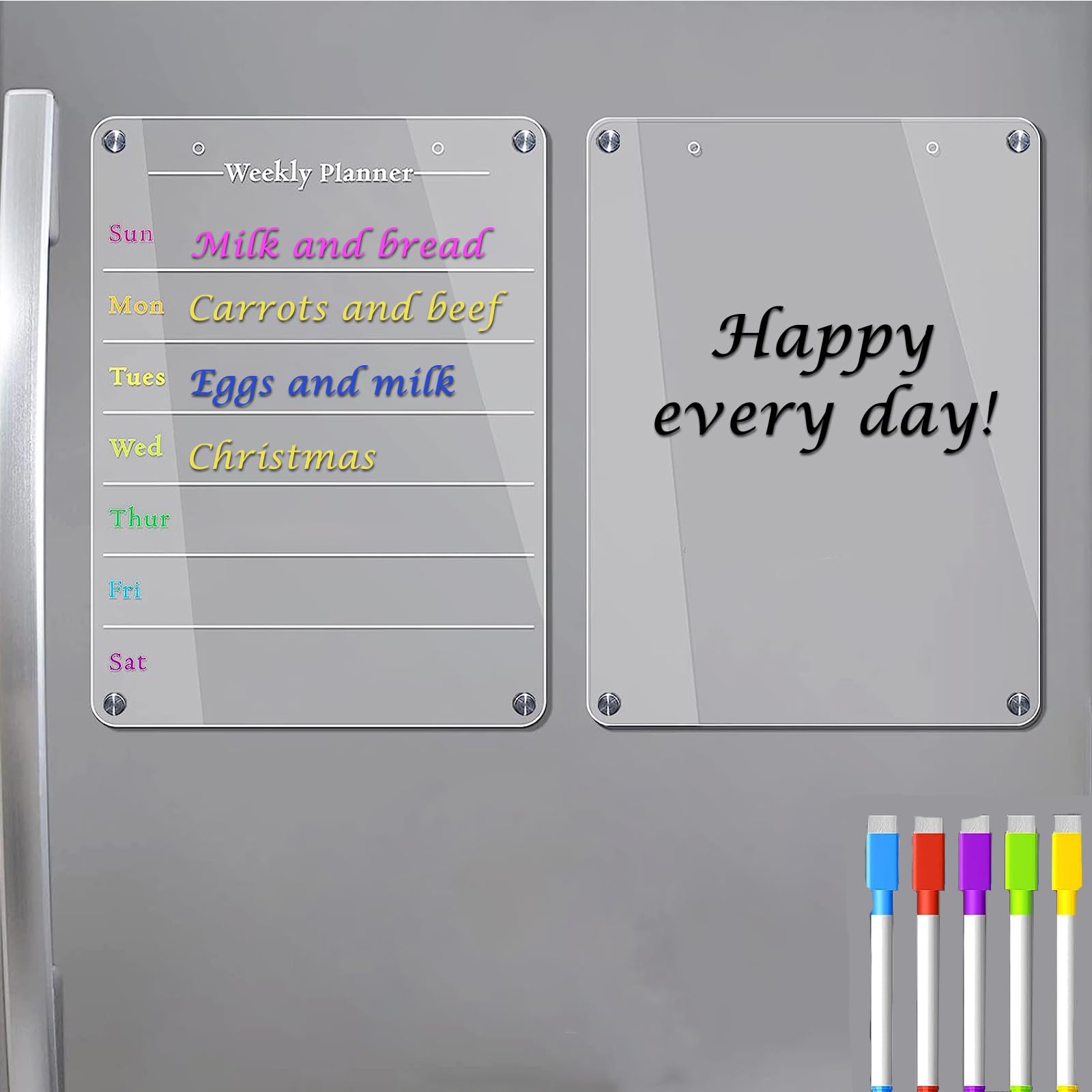 2Pcs Acrylic Magnetic Calendar for Fridge Transparent Acrylic Planning Board,Meal Planner magnetic Clear Fridge Calendar for Fridge Kitchen(Set of 5 Pens in Red