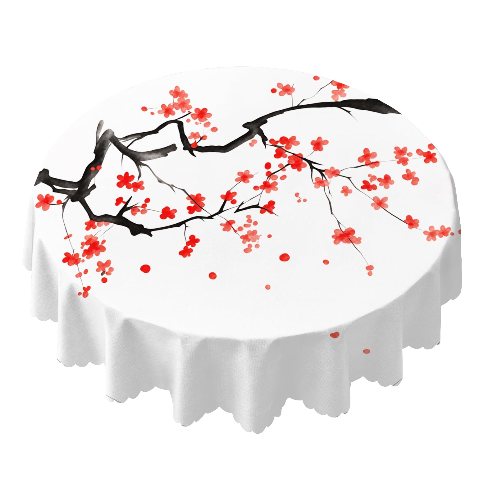Yibeas Tablecloth Round Japanese Red Cherry Table Cloth Ink Painting Flower Blossom Cherry Table Cover for Dining Room Kitchen Decoration Round Tablecloths 60 inch
