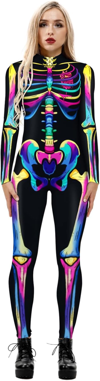 Honeystore Women's Skeleton Bodysuit Halloween Costume Bodycon Catsuit Jumpsuit