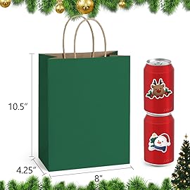 BagDream Forest Green Gift Bags with Handles Bulk 8x4.25x10.5 Inch 100Pcs Medium Kraft Paper Bags for Christmas, Thanksgiving, Craft, Party Favors, Retail, Grocery, Recyclable Paper Sacks