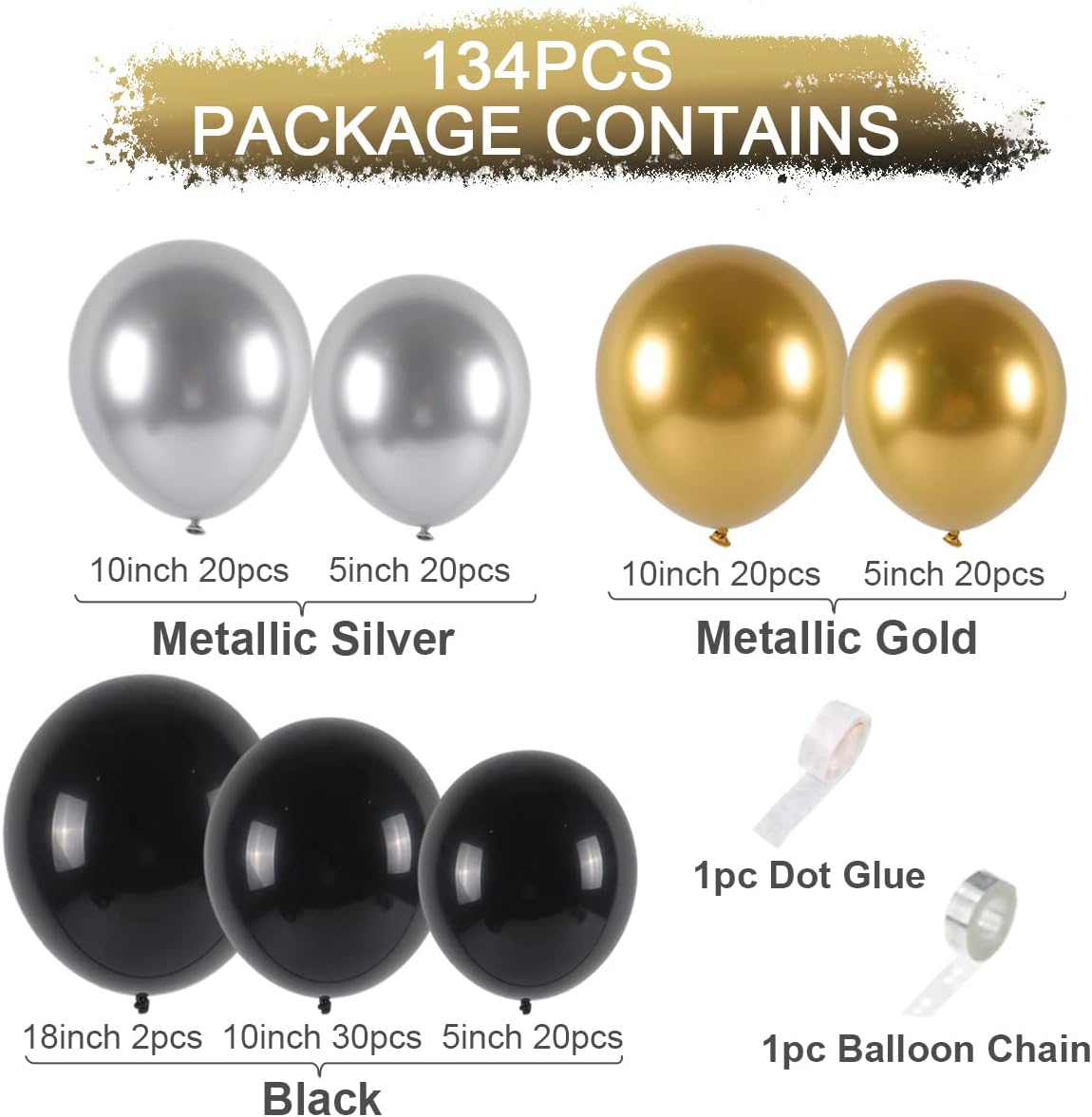 QIFU Black and Gold Balloon Arch Kit, 134pcs Black Gold Silver Birthday Balloons - Image 3