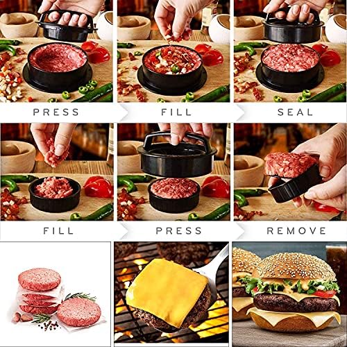 Skoye 3 in 1 Burger Press, Hamburger Patty Maker Stuffed Burgers Press with 200pcs Burger Paper for BBQ Non-Stick Sliders Beef Burger Press