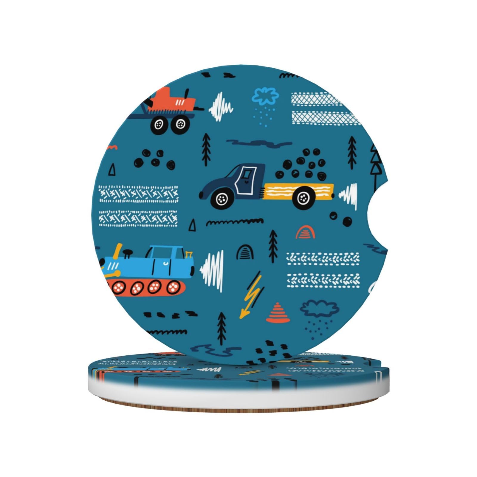 Xiso Ver Construction Trucks Car Cup Coasters 2 Pack Ceramic Cup Holders 2.56" Cork Base Drink Coasters with Finger Notch for Easy Move of Car Cup Holder