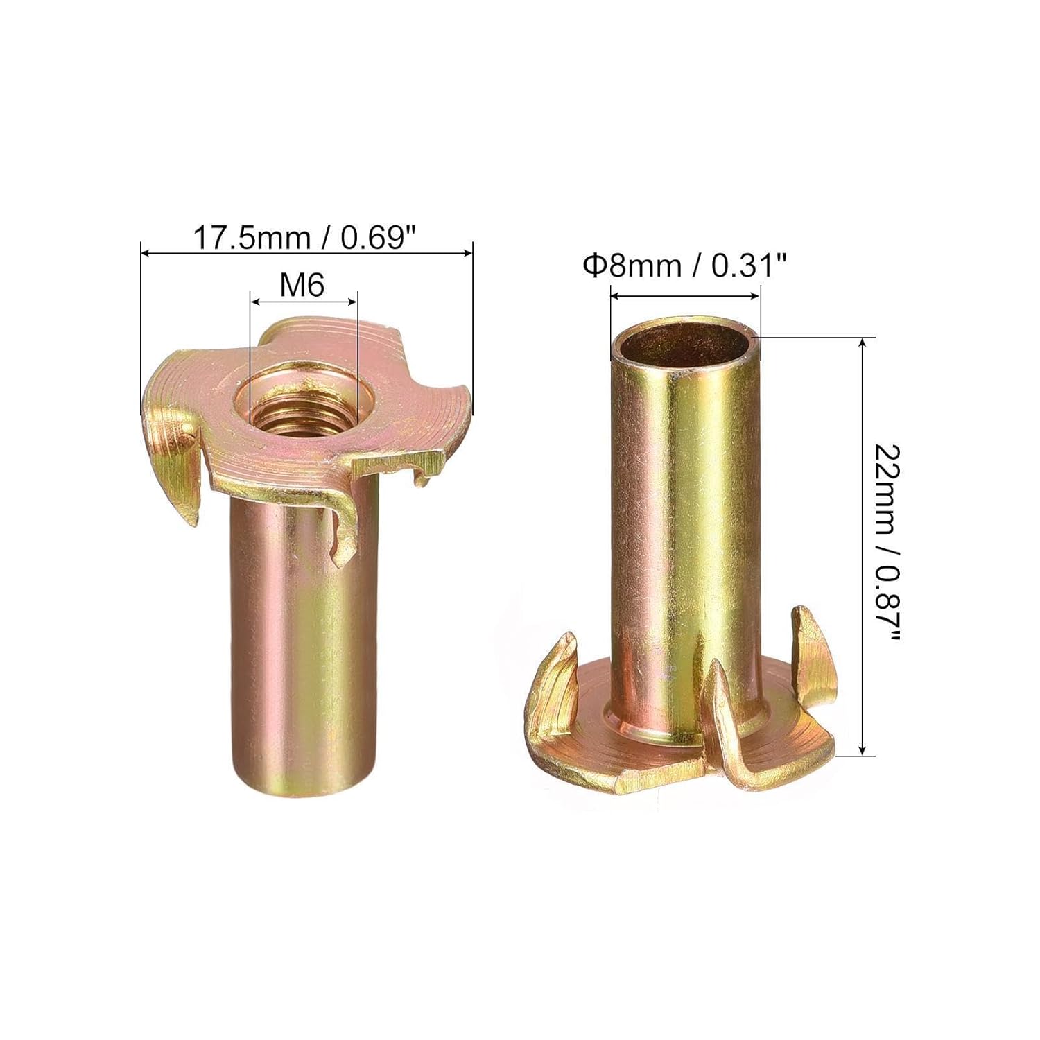 Tool Parts and Accessories M6x22mm T-Nuts 4 Pronged Tee Nut Carbon Steel Threaded Inserts for Wood 80pcs (#CN-140824-09585)