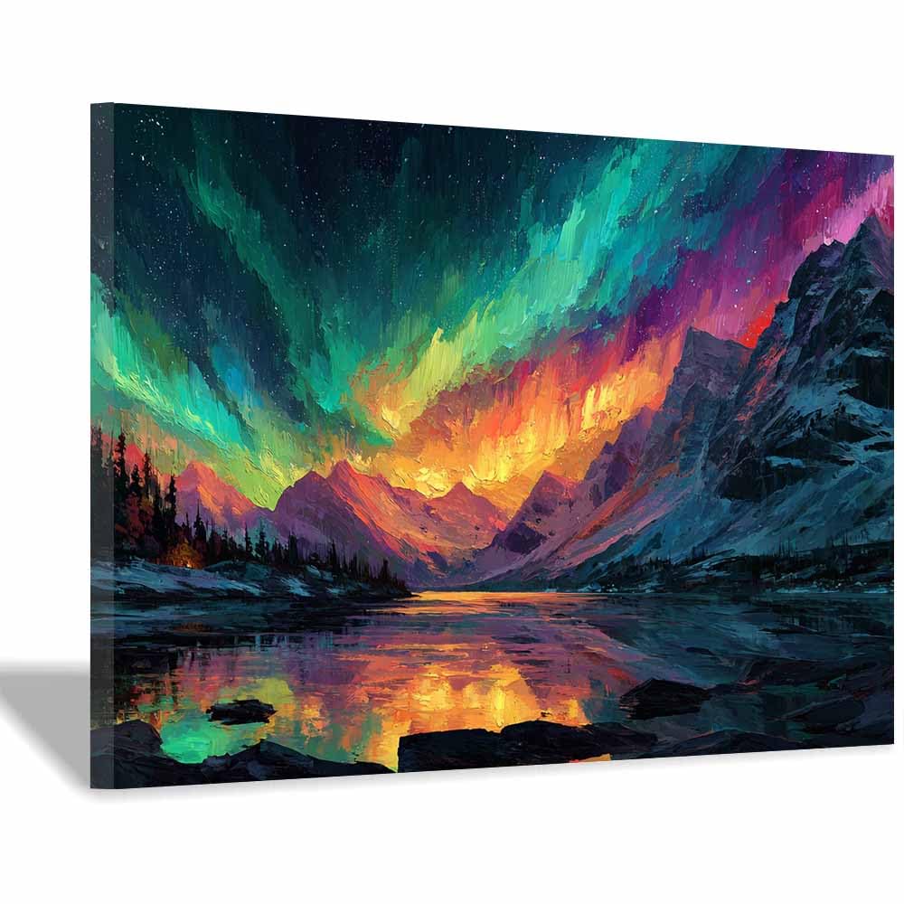 HUYEEI Canvas Print Wall Art Aurora Lake Modern Nature Landscape Poster, for living room, bedroom,Corridor Office Room Decoretc.(multicolored)-70x100cm Framed