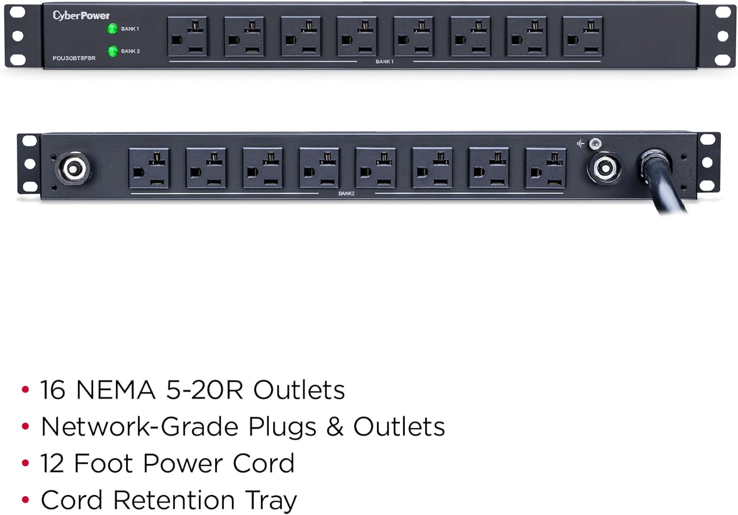 CyberPower PDU30BT8F8R Basic PDU, 100 – 125V/30A (Derated to 24A), 16 Outlets, 12 Foot Power Cord, 1U Rackmount
