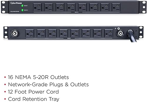 Miniatura 4 de CyberPower PDU30BT8F8R PDU básica, 100  125V30A (Derado a 24A), 16 tomas, cable de alimentación de 12 pies, montaje en rack 1U