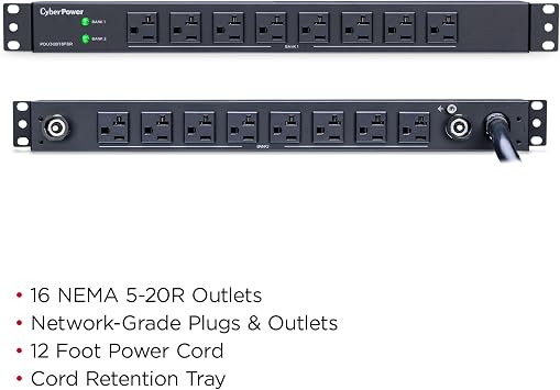 CyberPower PDU30BT8F8R Basic PDU, 100 125V/30A (Derated to 24A), 16 Outlets, 12 Foot Power Cord, 1U Rackmount