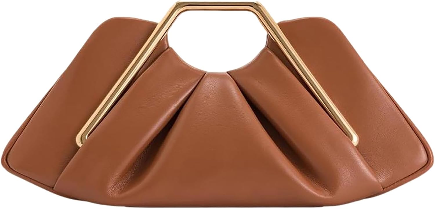 Women's Pleated Metal Frame Clutch Elegant Cloud-Shaped Leather Handbag Fashion Mini Evening Purses With Magnetic Snap