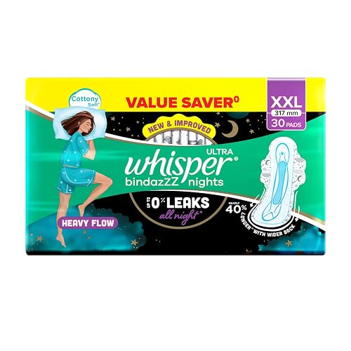 Whisper Bindazzz Nights 30 XXL Sanitary Pads, Upto 0% Leaks All Night Long, For Heavy Flow, Nearly 40% Longer with Wider Back, Active odor lock so you feel fresh, Disposable Wrapper