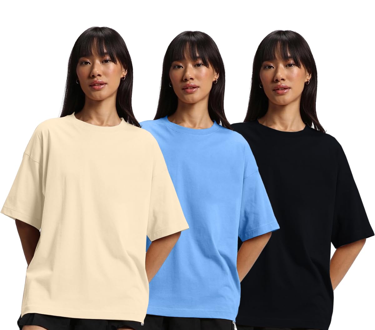 JUNEBERRY® Pure Cotton Drop Shoulder Oversized Baggy Fit Half Sleeve Plain Solid Round Neck Multicolor T-Shirt for Women & Girls (Pack of 3) (PO3_OS_J_AB_BK_SW_XL) (B0CYQ7HBR2) Amazon Price History, Amazon Price Tracker