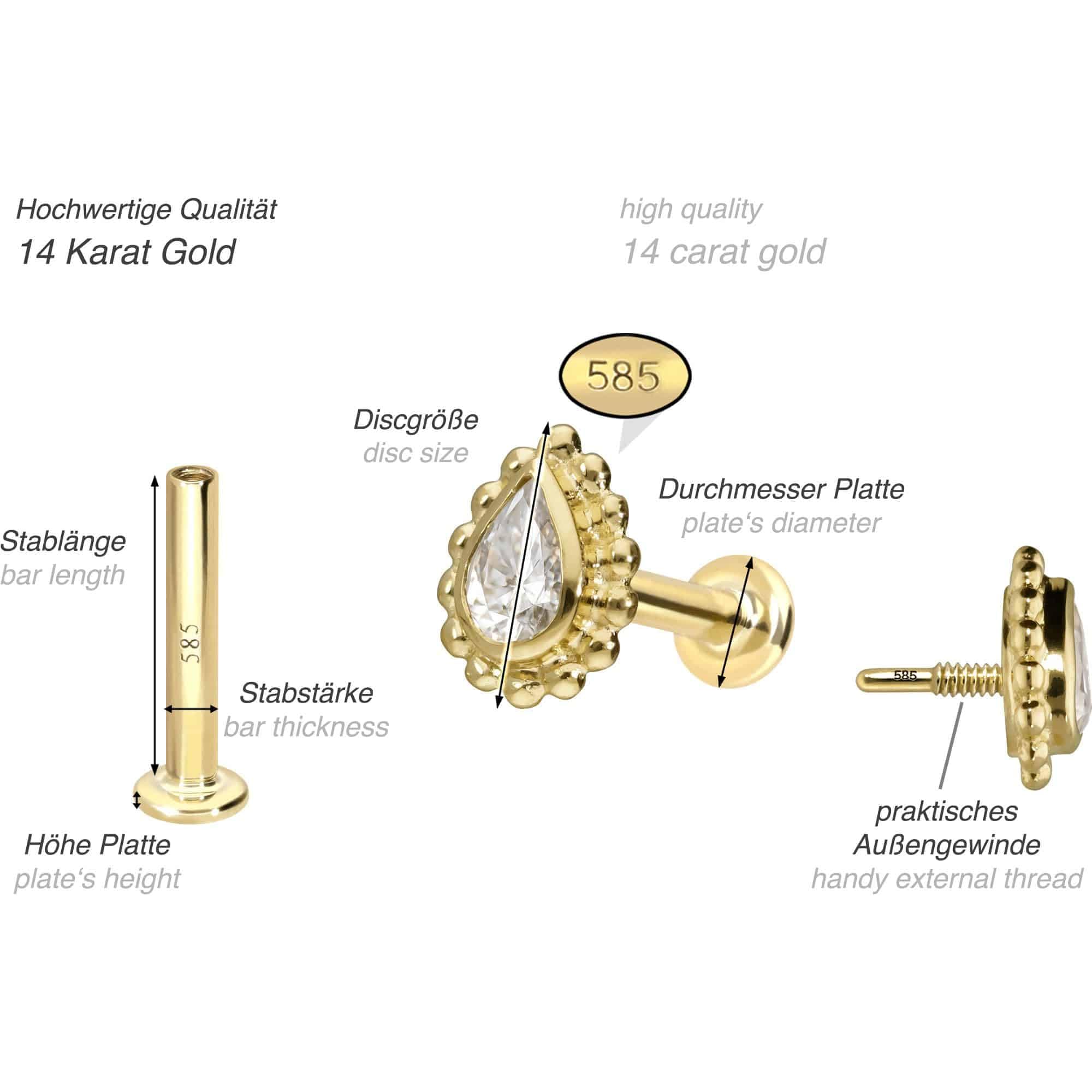 PIERCINGLINE Piercing Stecker 14 Gold Labret mit Innengewinde MOISSANIT-TROPFEN + KUGELN 585er Gold - Roségoldfarben, Goldfarben, Silberfarben