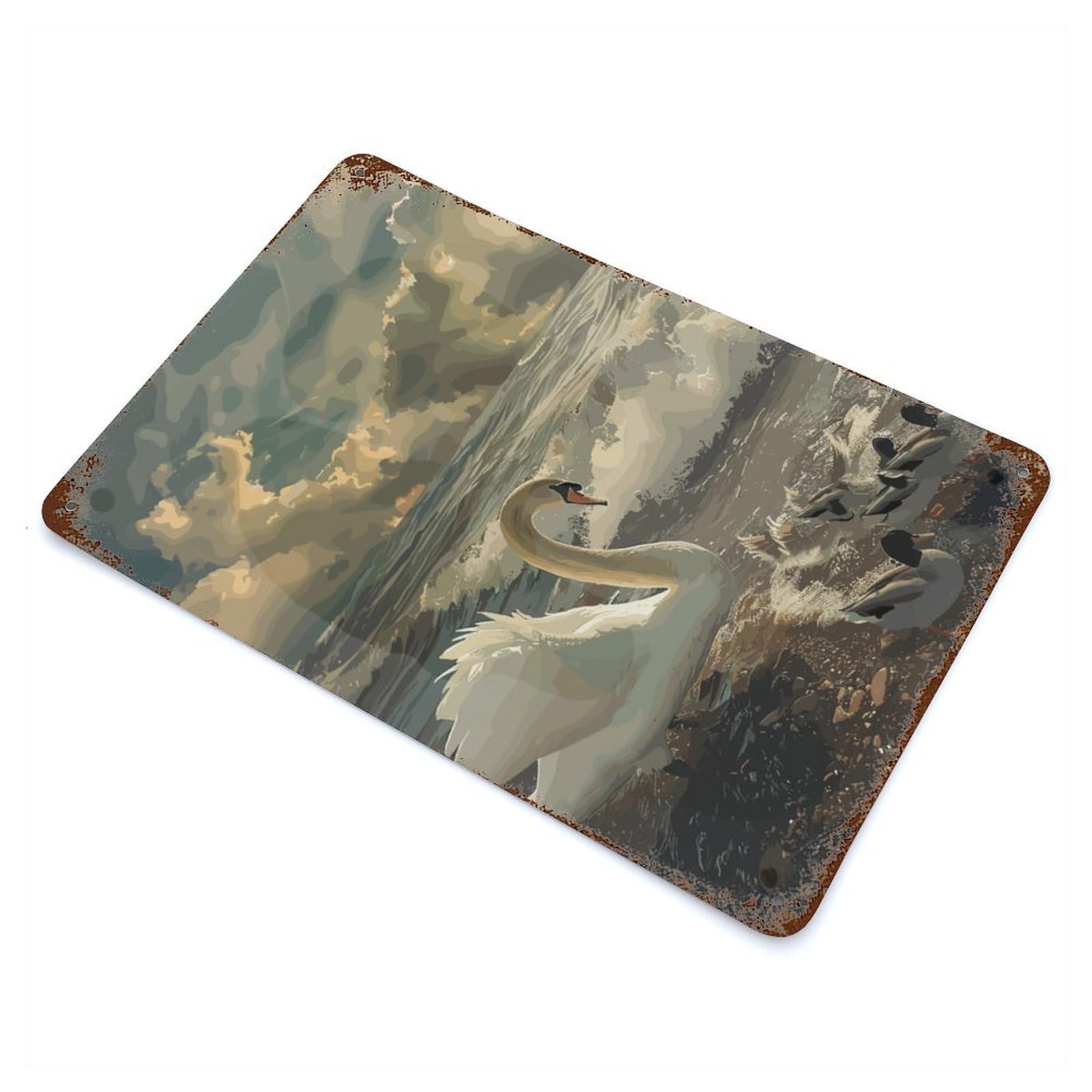 Swan And Family Rust Effect Tin Sign 11.8"x7.9", Novelty Wall Decor for Garage, Pub Or Kitchen