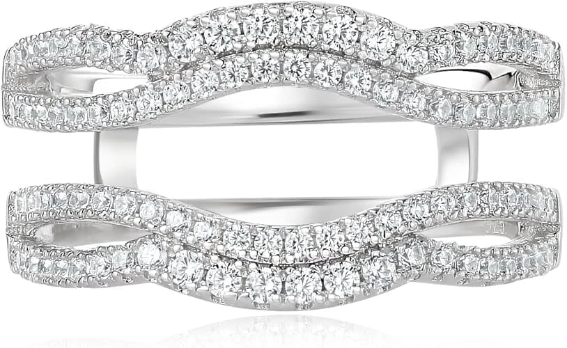 925 Sterling Silver Created White Diamond Double Row Infinity Swirl Ring Enhancer | Curved Guard Band for Solitaire Rings | Sparkling Wedding Ring Jacket for Women | Size 4-13
