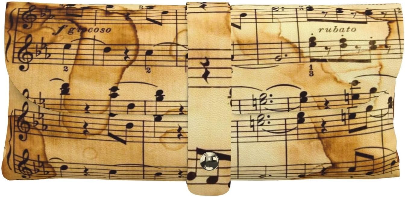 Music Note Print PU Leather Glasses Pouch with Printed Design, Compact Eyeglass Case with Snap Button Closure for Sunglasses