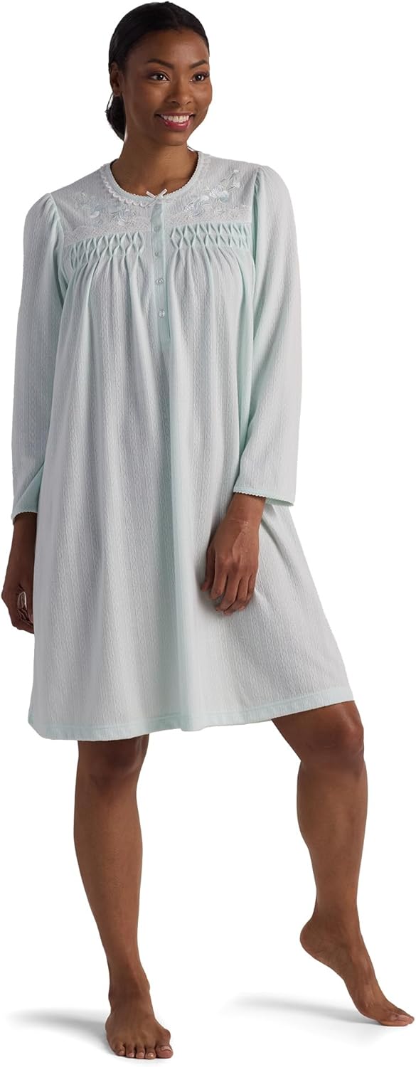 Miss Elaine Women's Nightgown, Honeycomb Knit Gown with Long Sleeves and Round Neckline (Petite Medium,Light Mint)