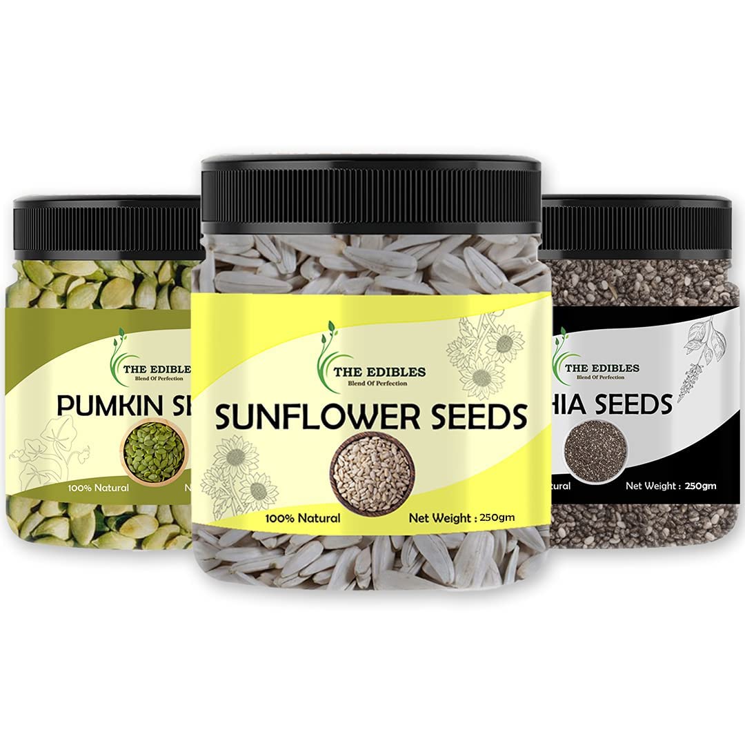 THE EDIBLES Combo Pack Raw Chia Seeds, Pumpkin Seeds and Sunflower Seeds 250 gms Each Total 750 gms_Packing May Vary
