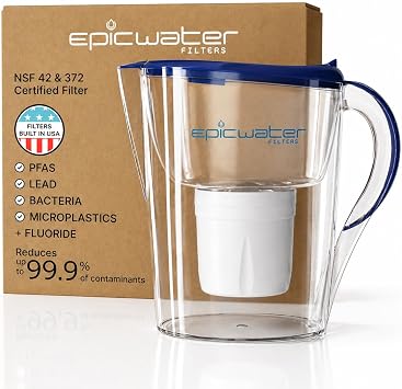 Epic Water Filters Pure Filter Pitchers for Drinking Water, 10 Cup 150 Gallon Filter, Tritan BPA Free, Reduces Fluoride, Chlorine, Lead, Forever Chemicals Navy Blue XP