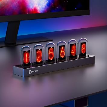 IPSTUBE Nixie Tube Clock, Neon Glow Tube Clock, Digital Photo Upload, Mobile App Control, Display for Time, Weather, Temperature, Dynamic RGB Lighting, Durable Aluminum Alloy Base