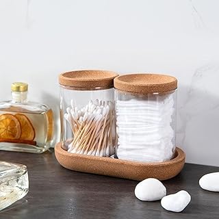 2 Pieces Glass Jar with Coaster and Lid Wood Grain Anti-Cavity Possible Spice or Cotton Make-up or Tooth Vinegar Very Chic Shape Versatile Import TDH-2367-883