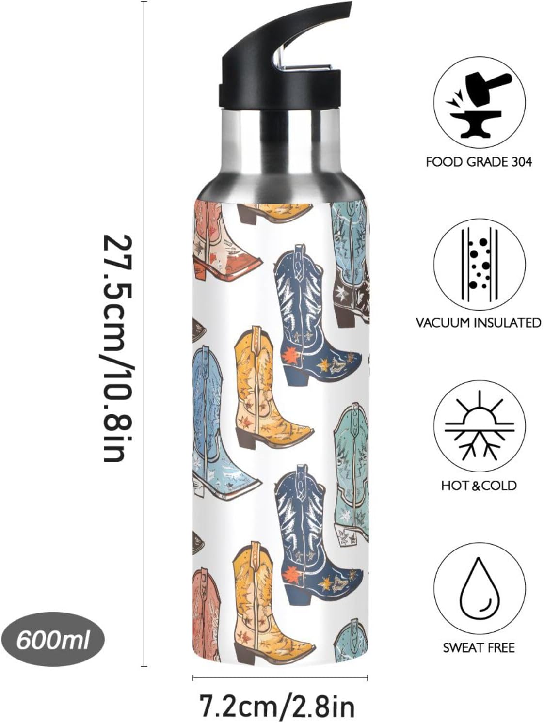 Cowboy Boots Water Bottles for Boys Kids Thermos Bottle Cups with Straw Lid Insulated Stainless Steel Leakproof Water Flask Jug 20 oz - Image 4